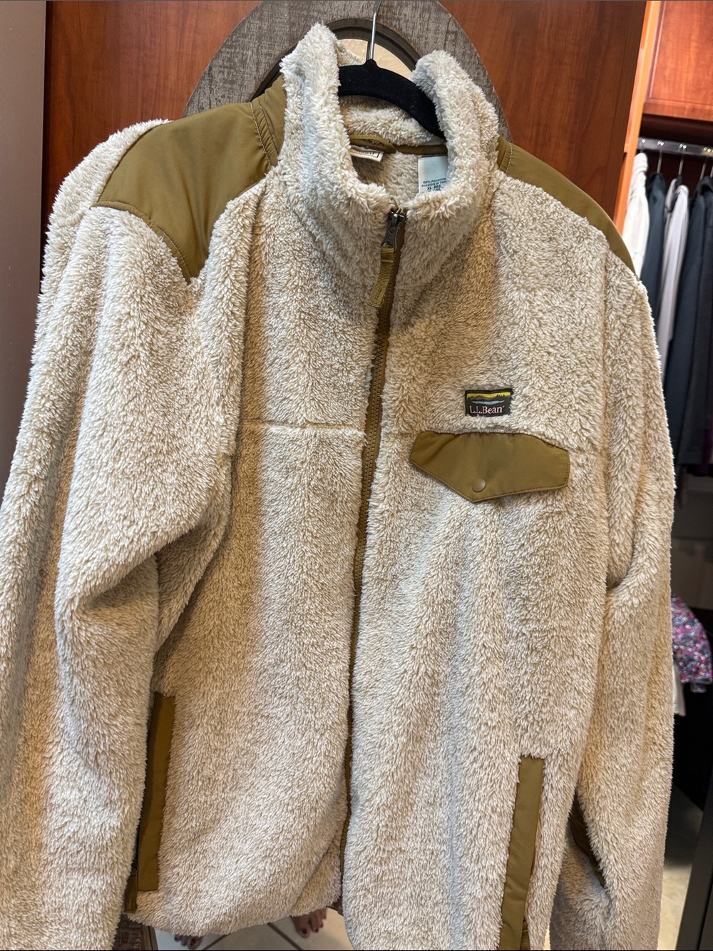 L.L. Bean Cream Sherpa Performance Jacket with Tan Accents
